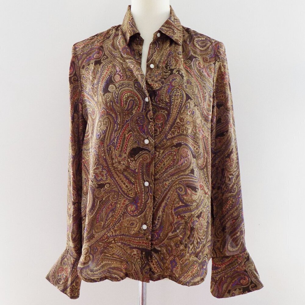 vintage 100% silk button up collar blouse paisley print with pearl cuff links